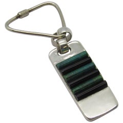 Taxco Mexico J. Gomes Sterling Silver Onyx and Green Turquoise Keychain