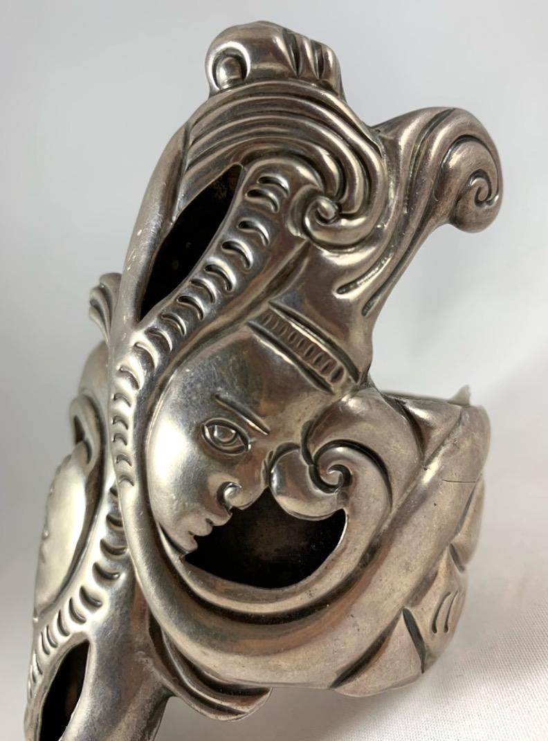 Modernist Taxco Mexico Mayan Maize God Yumil Kaxob 925 Silver Clamper Bracelet For Sale