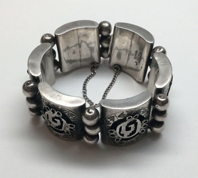Taxco Mexico Quinto Sterling Silver Hollow Panel Link Bracelet at 1stDibs