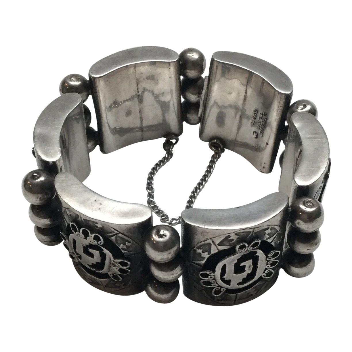 Taxco Mexico Quinto Sterling Silver Hollow Panel Link Bracelet at