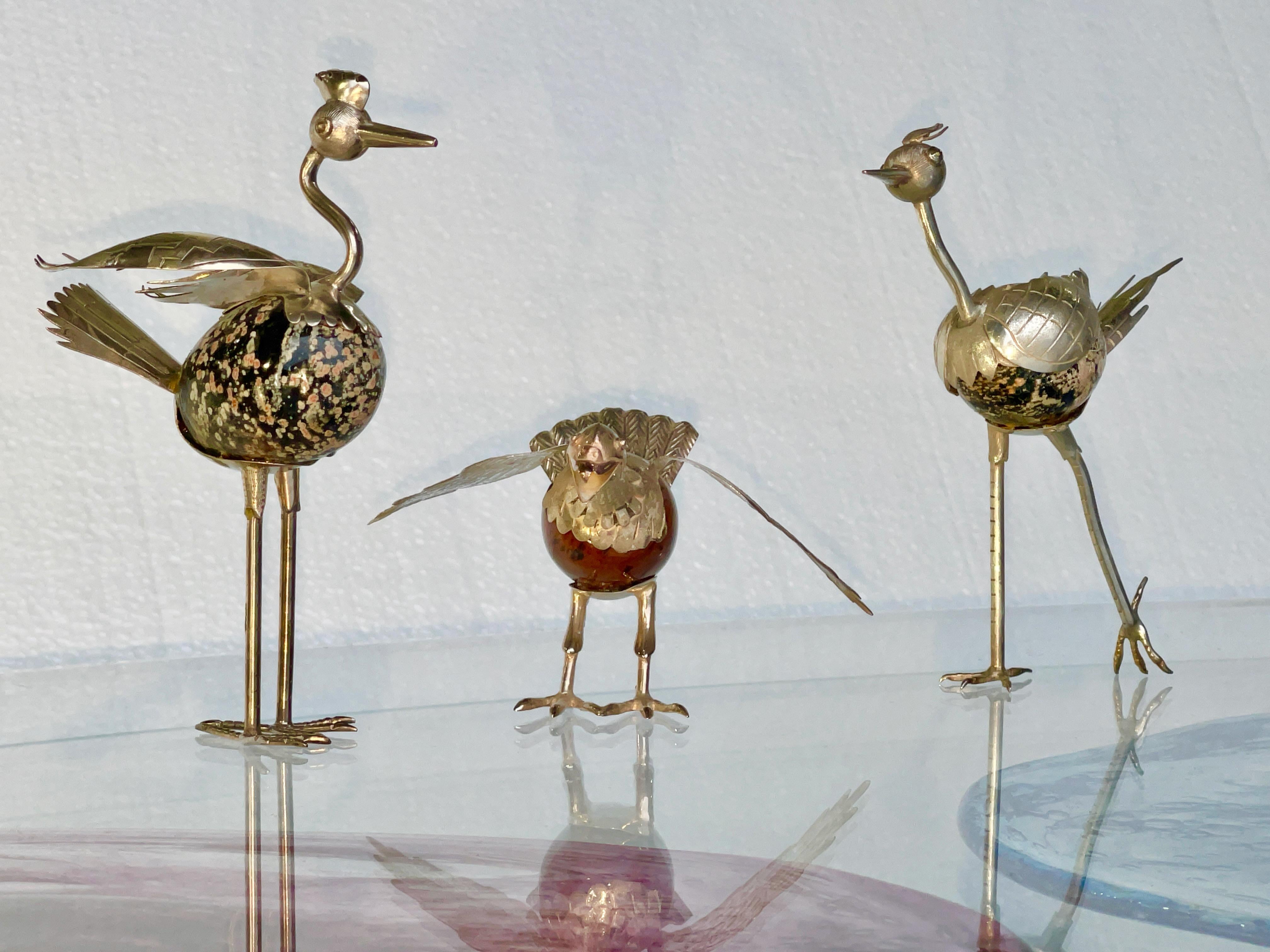 Taxco Mexico Silver & Agate Standing Birds In Good Condition In Hanover, MA