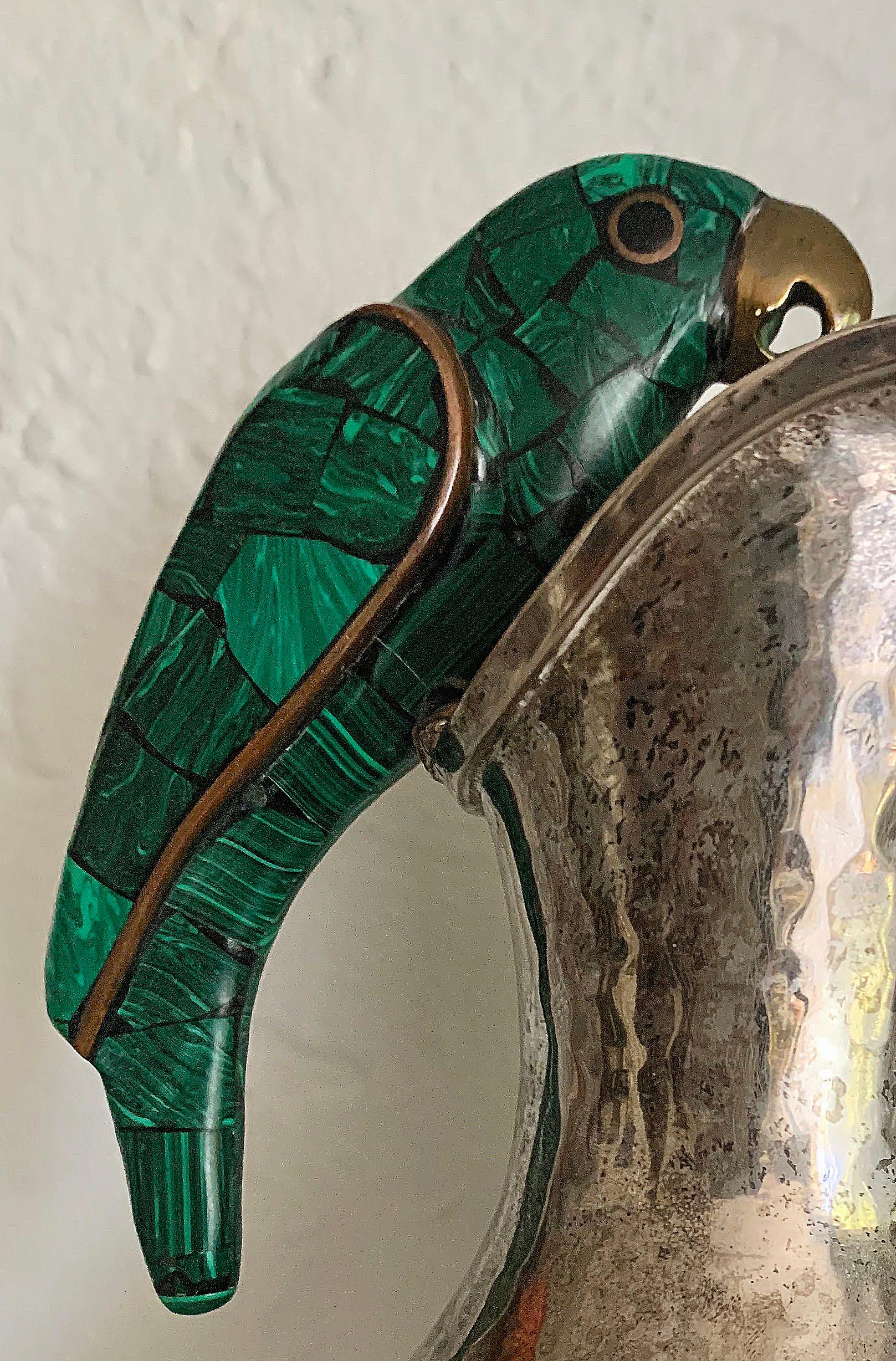 Taxco Mexico Silver Plated Vase and Malachite Brass Parrot 5