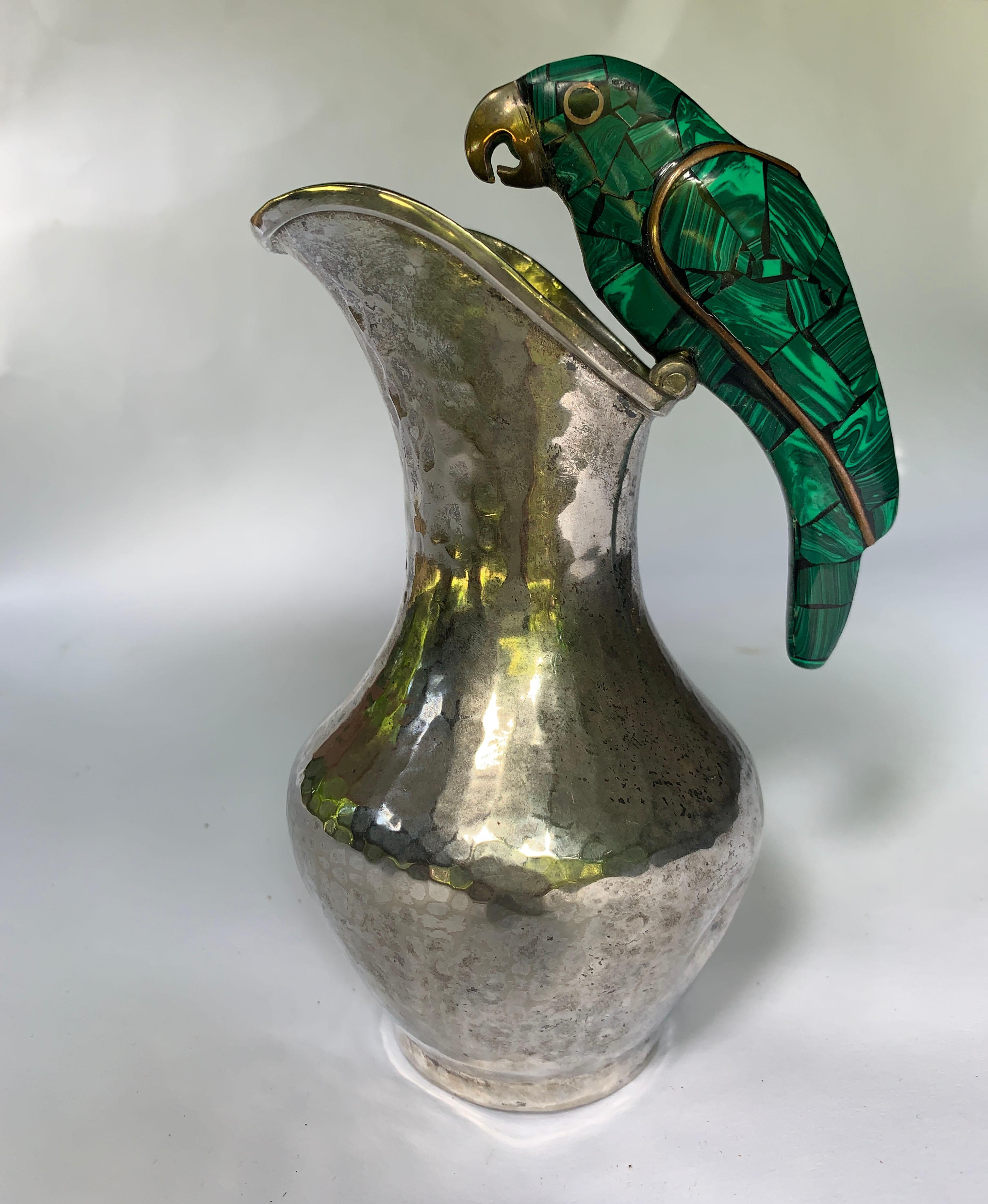 Central American Taxco Mexico Silver Plated Vase and Malachite Brass Parrot