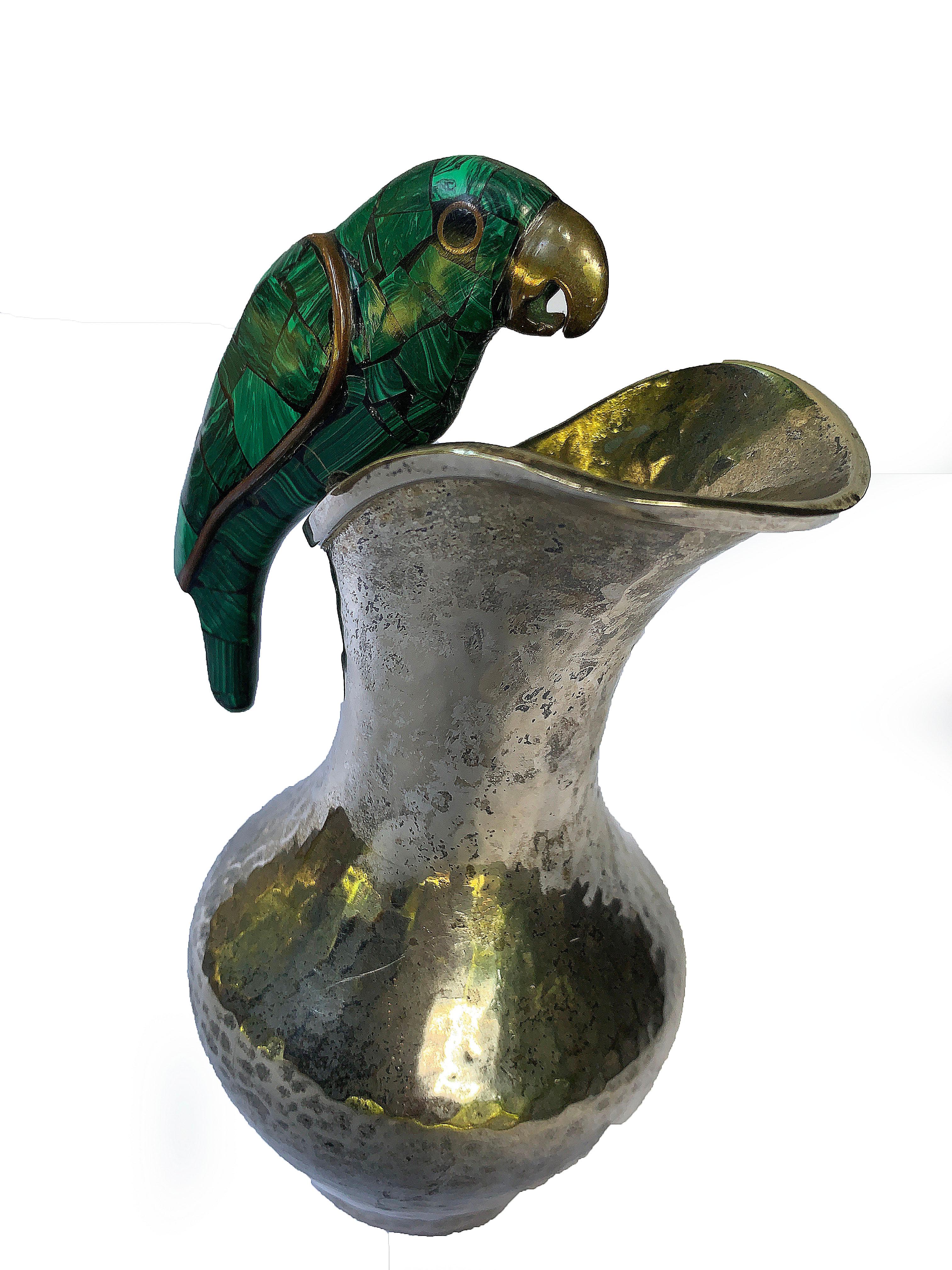 Taxco Mexico Silver Plated Vase and Malachite Brass Parrot In Good Condition In San Diego, CA