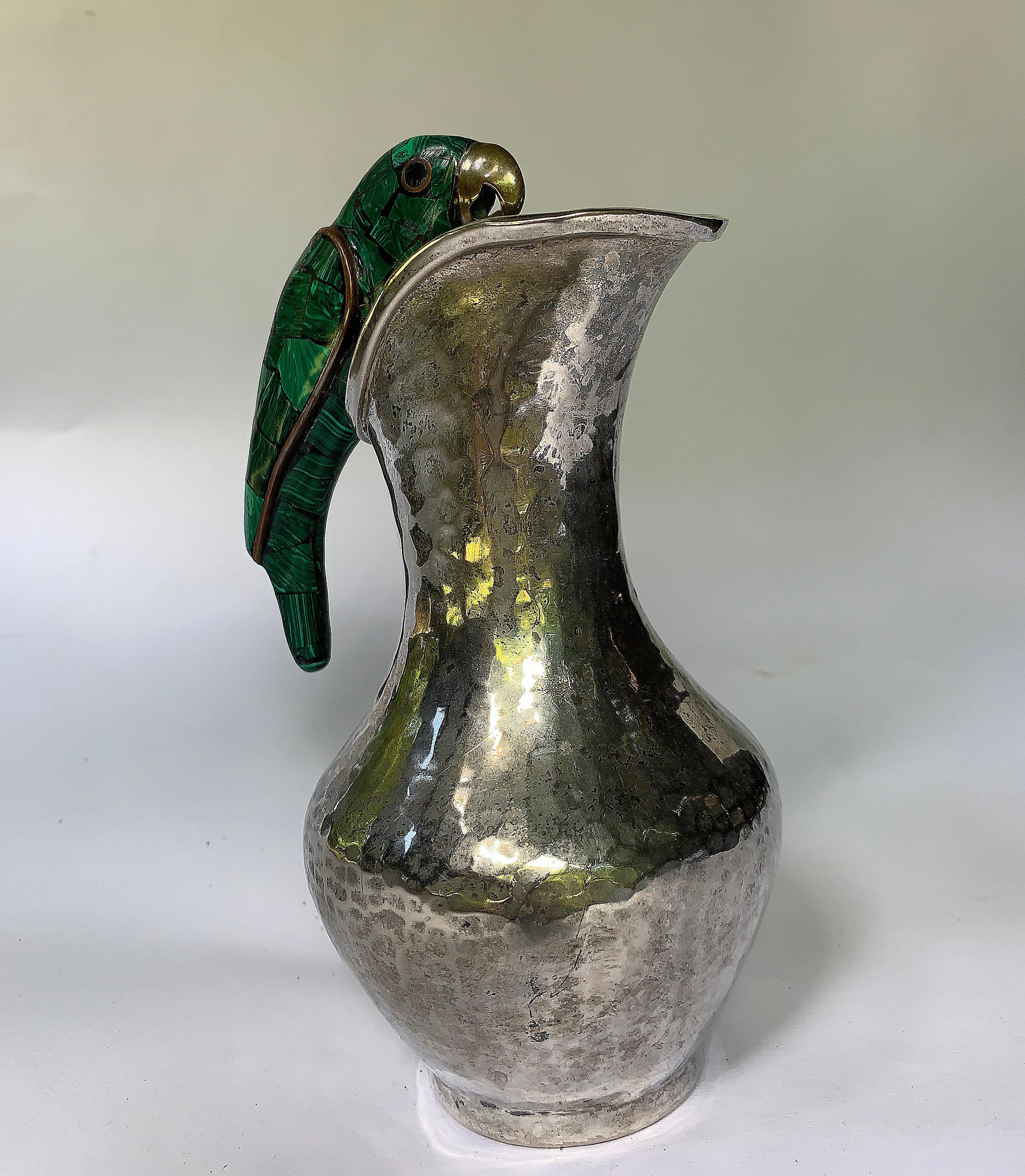 20th Century Taxco Mexico Silver Plated Vase and Malachite Brass Parrot