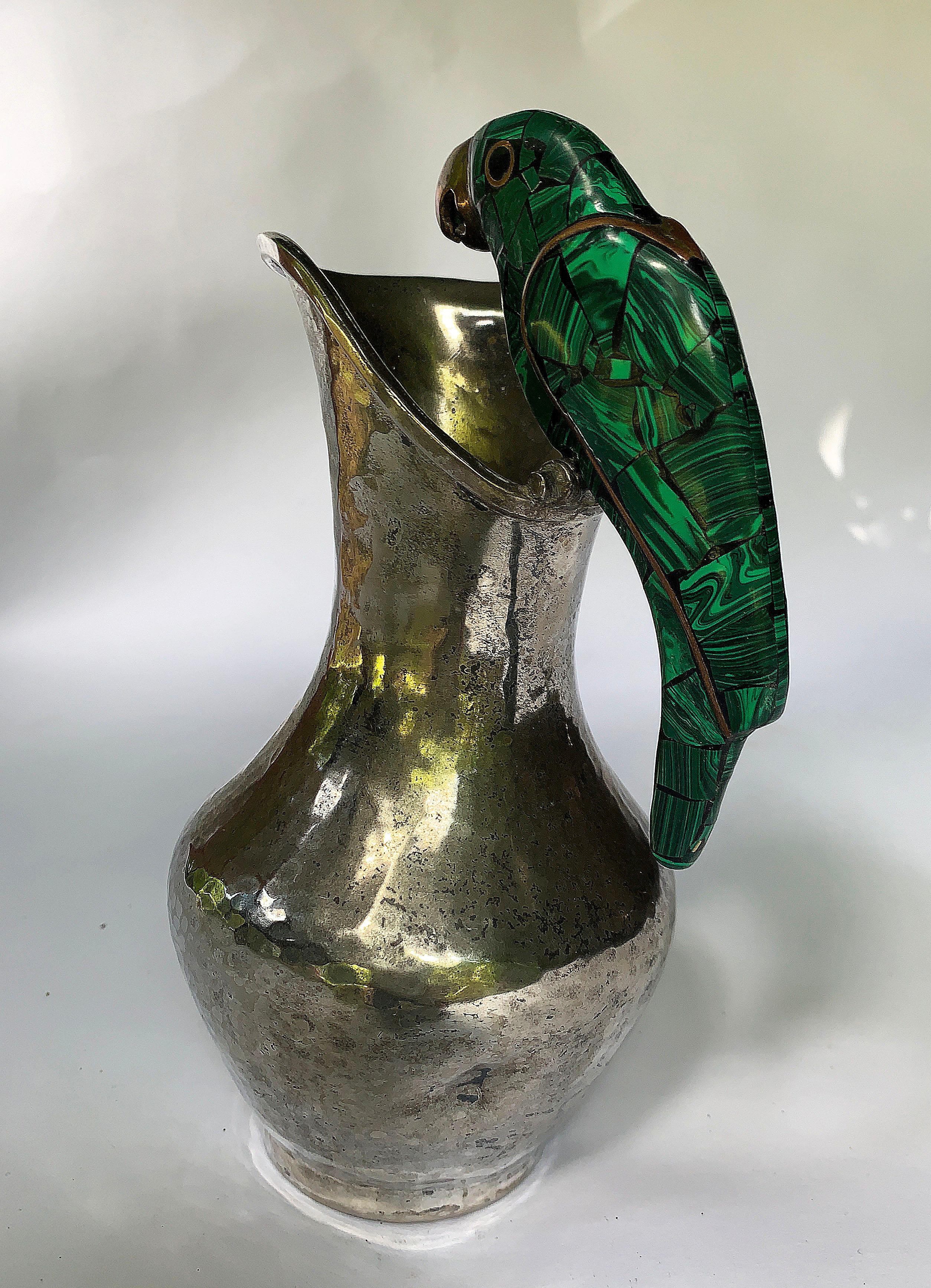 Taxco Mexico Silver Plated Vase and Malachite Brass Parrot 1