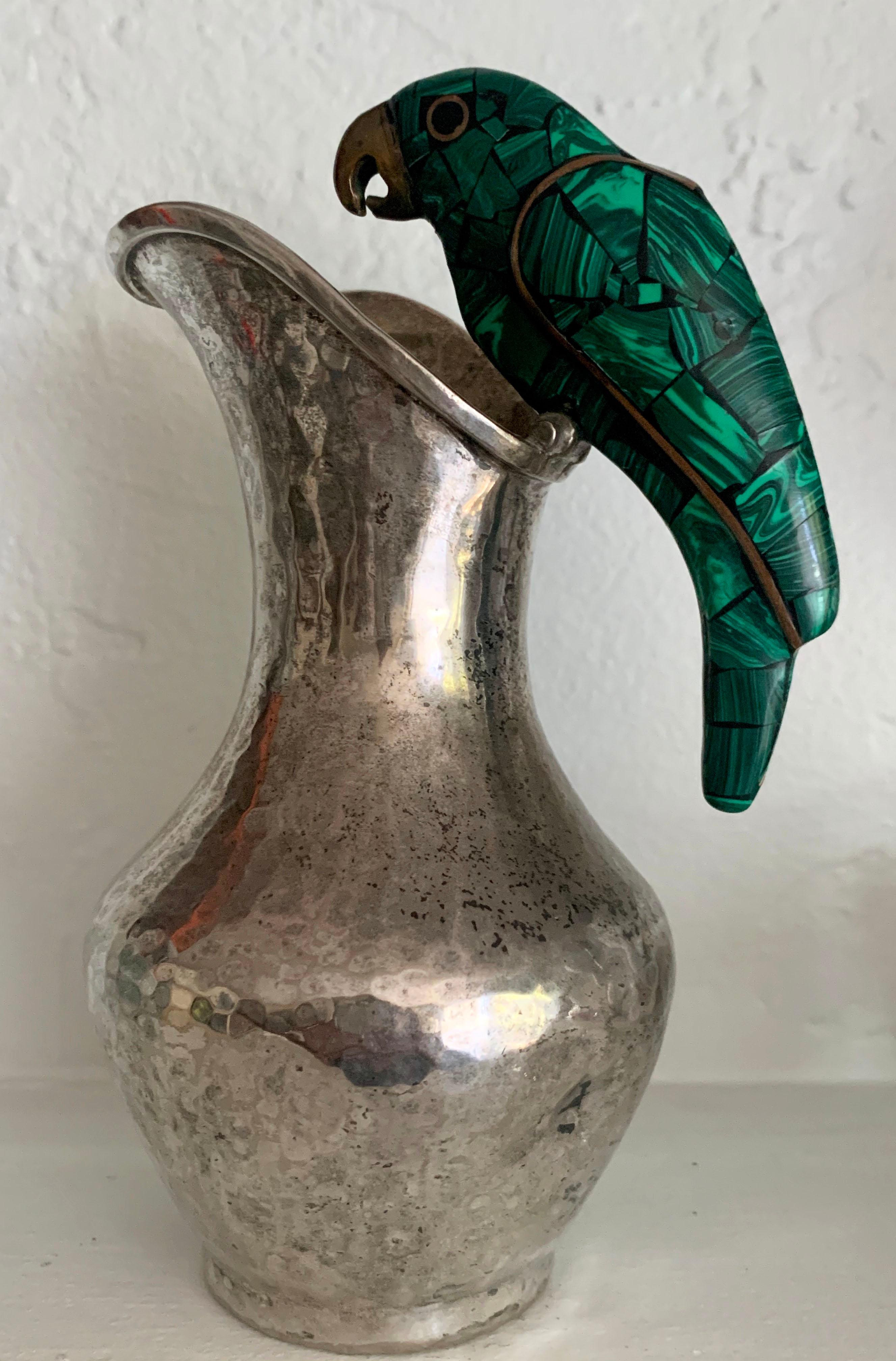 Taxco Mexico Silver Plated Vase and Malachite Brass Parrot 2