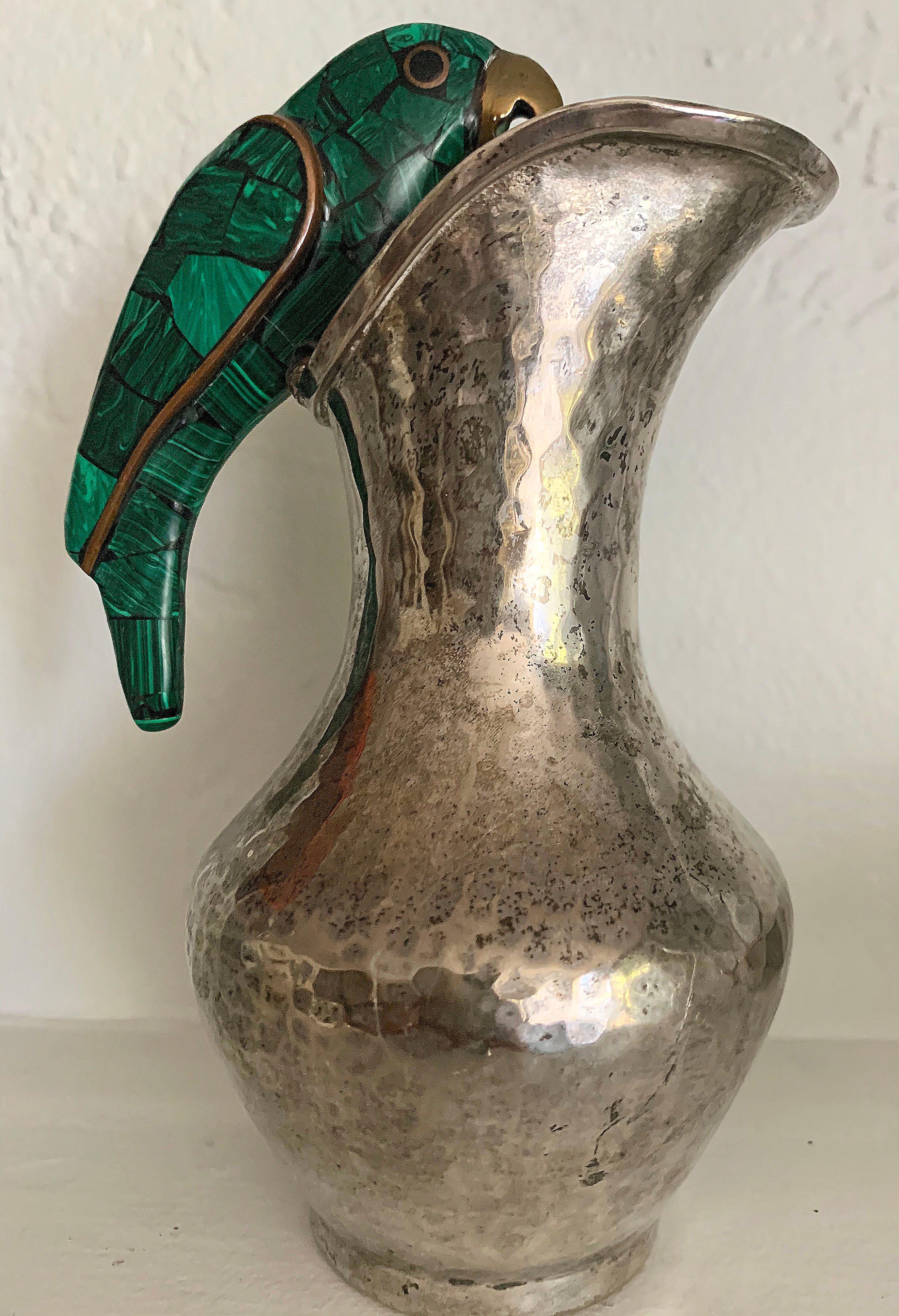 Taxco Mexico Silver Plated Vase and Malachite Brass Parrot 4