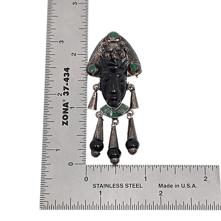 Taxco Mexico Sterling Carved Onyx Face Tribal Dangle Brooch