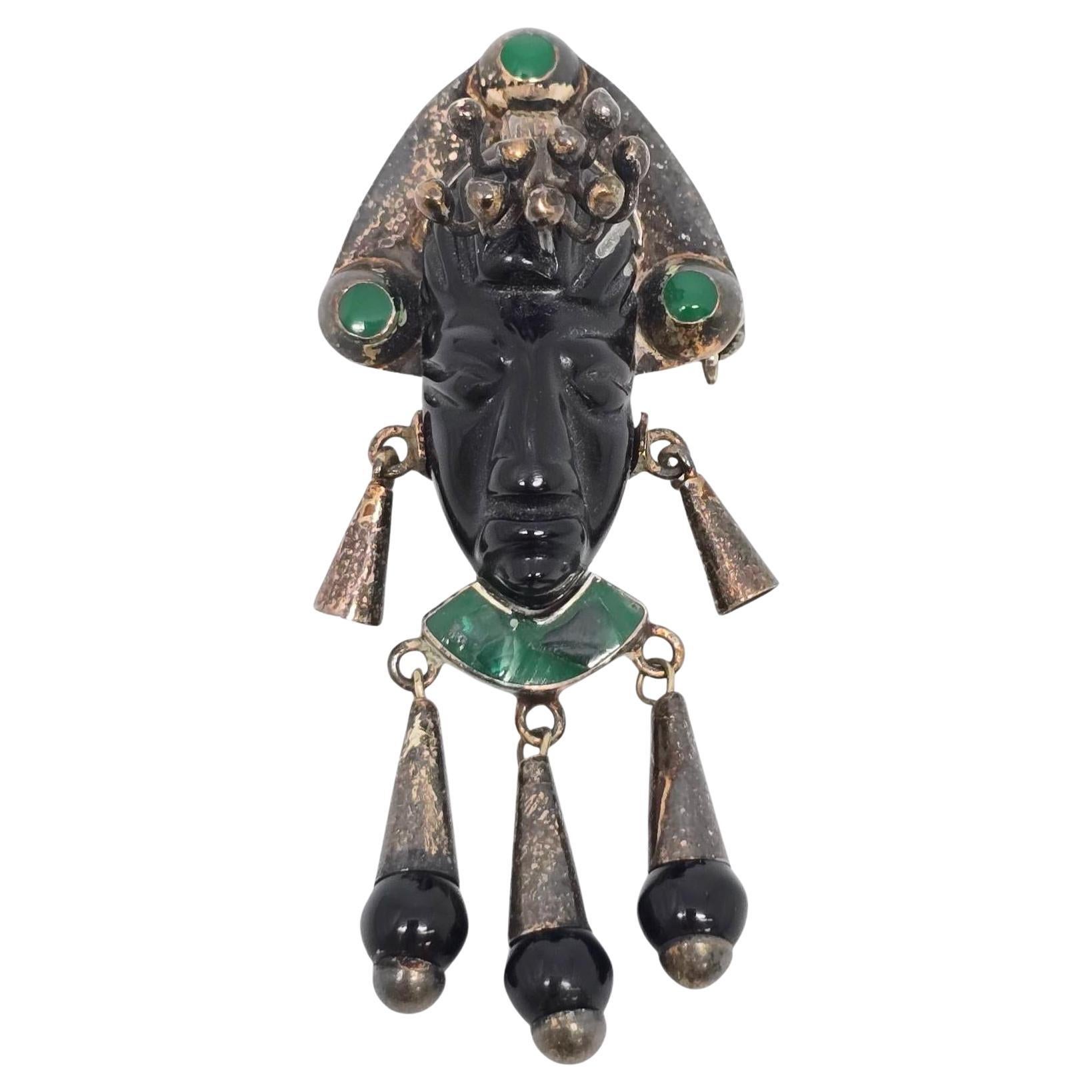 Taxco Mexico Sterling - Spilla/Pendente Tribale con Volto d
Onice intagliato #23561