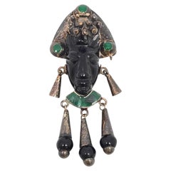 Taxco Mexico Sterling Carved Onyx Face Tribal Dangle Brooch/Pendant #23561