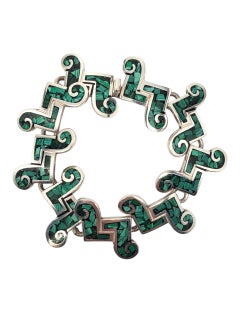 Taxco Mexico Sterling Silber Aztec Grün Inlay Link Armband #22558