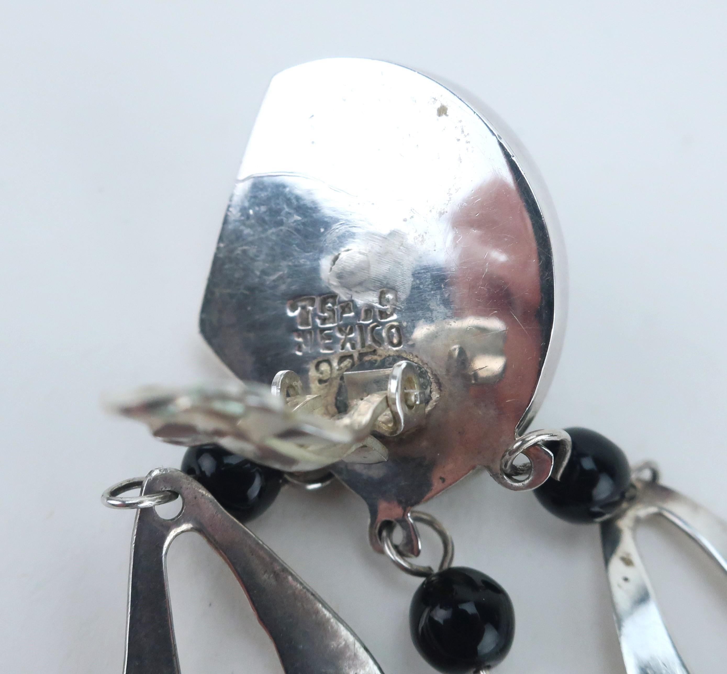Taxco Mexico Sterling Silver & Black Glass Dangle Earrings, 1960’s For Sale 2