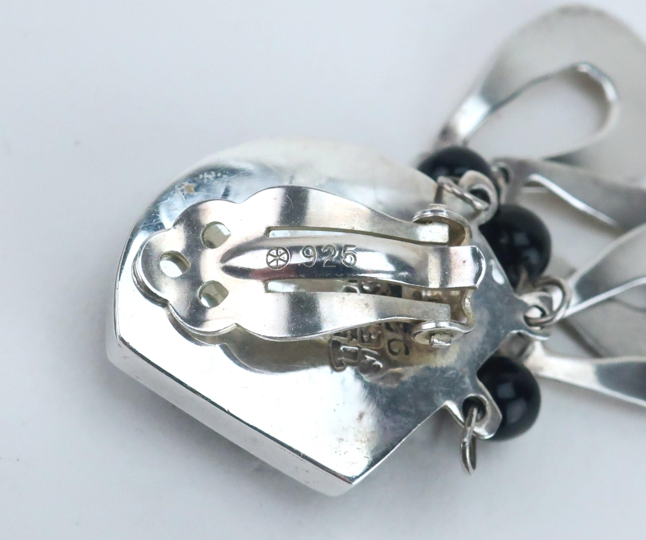 Taxco Mexico Sterling Silver & Black Glass Dangle Earrings, 1960’s For Sale 3