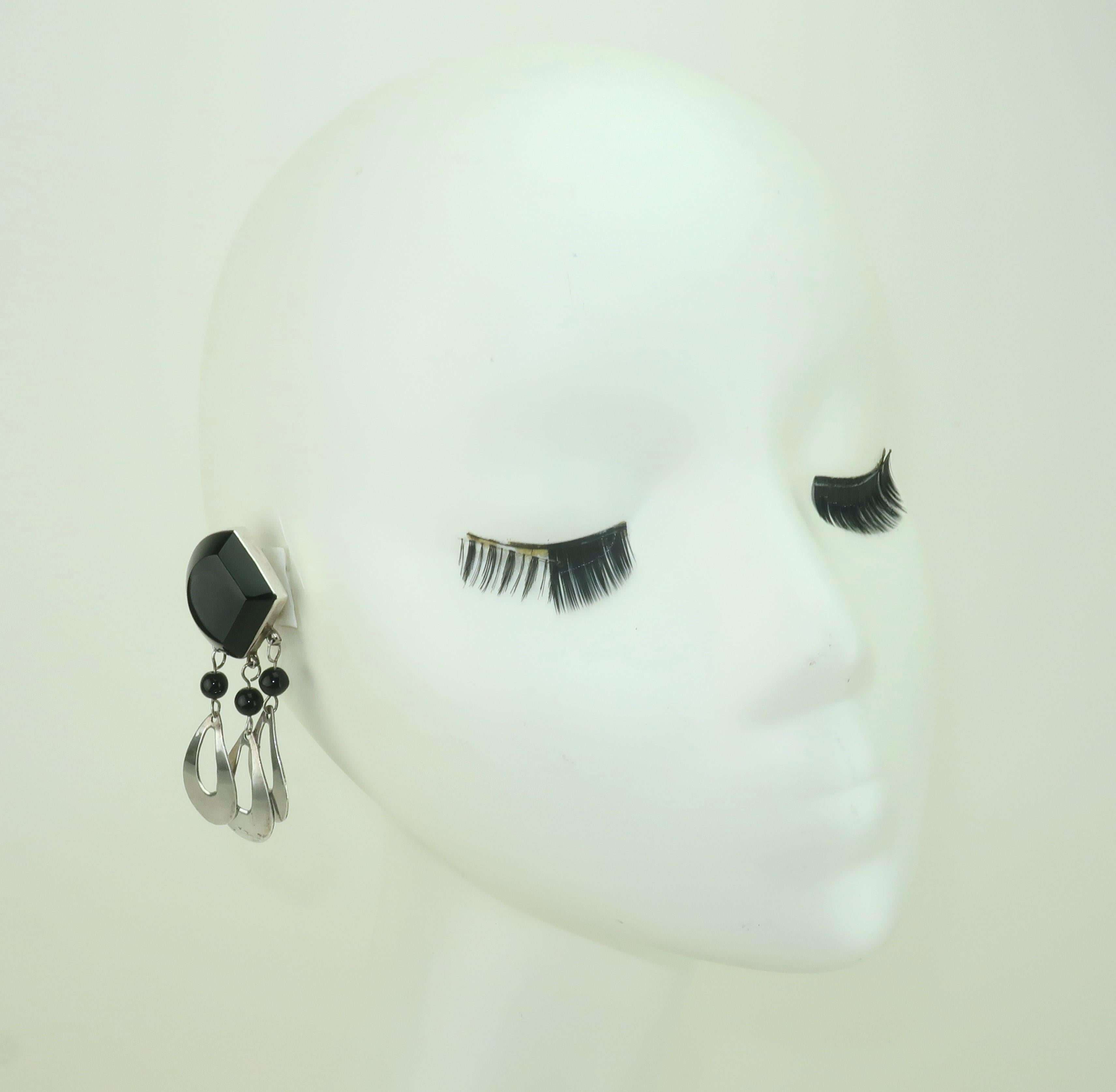 Taxco Mexico Sterling Silver & Black Glass Dangle Earrings, 1960’s For Sale 4