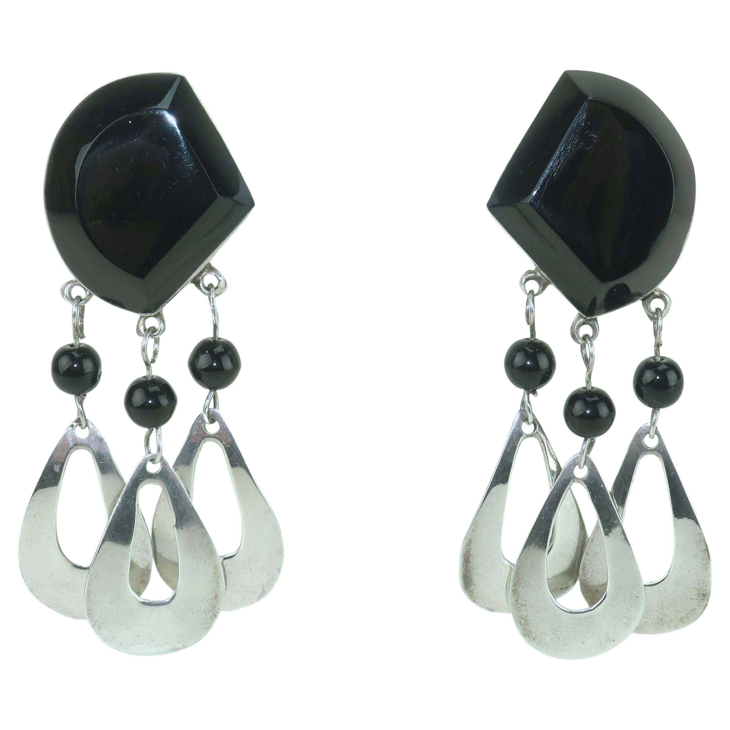 Taxco Mexico Sterling Silber & Schwarzglas Ohrringe, 1960er Jahre