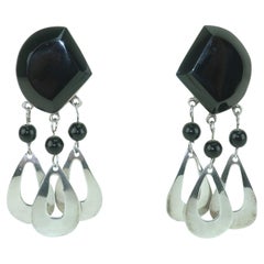 Taxco Mexico Sterling Silver & Black Glass Dangle Earrings, 1960’s