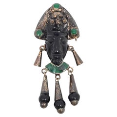 Vintage Taxco Mexico Sterling Silver Carved Onyx Face Tribal Dangle Brooch/Pendant 20987