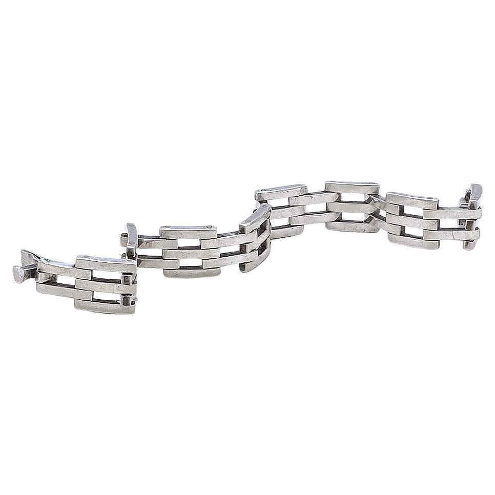 Taxco Mexico Art Deco Style Sterling Silver Link Bracelet In Good Condition For Sale In Atlanta, GA