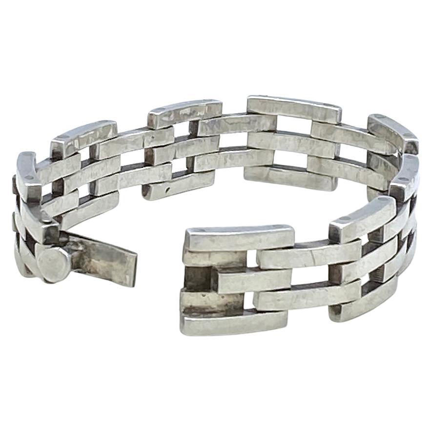 Women's Taxco Mexico Art Deco Style Sterling Silver Link Bracelet For Sale