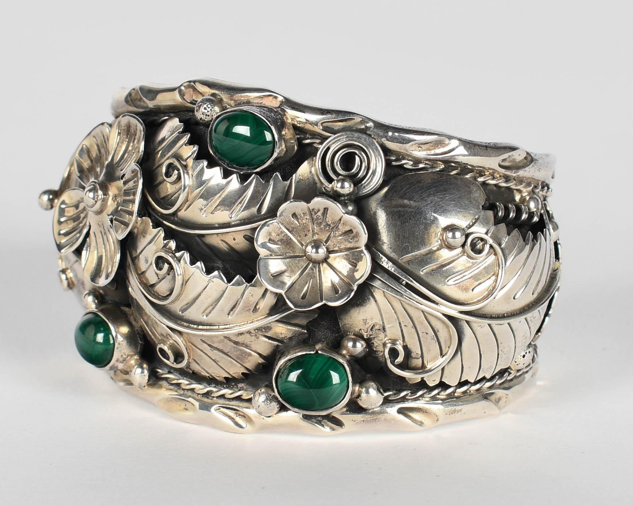 Taxco Mexico Sterling Silver Malachite Cuff Bracelet im Angebot 2