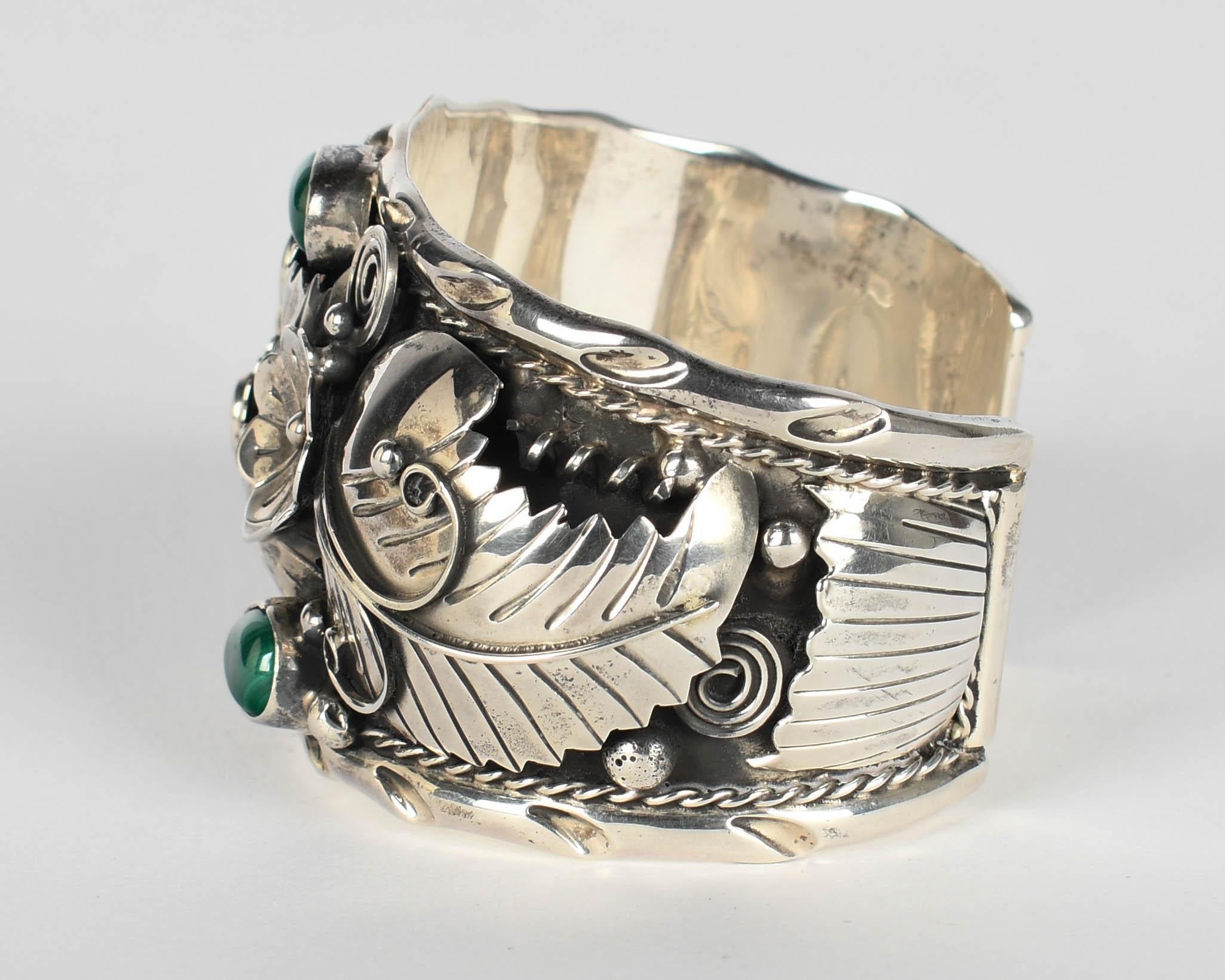 Taxco Mexico Sterling Silver Malachite Cuff Bracelet im Angebot 3
