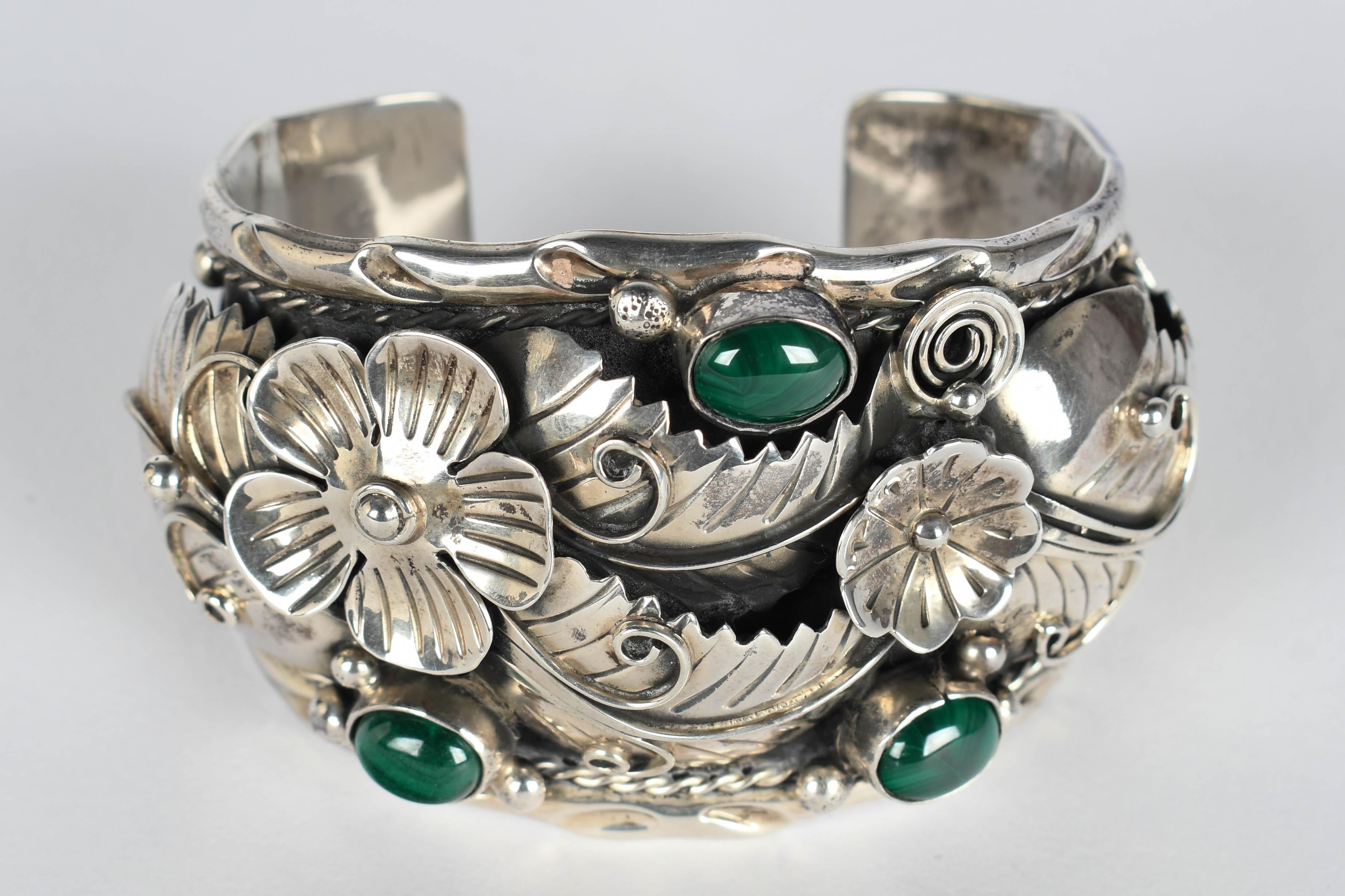 Taxco Mexico Sterling Silver Malachite Cuff Bracelet im Angebot 5