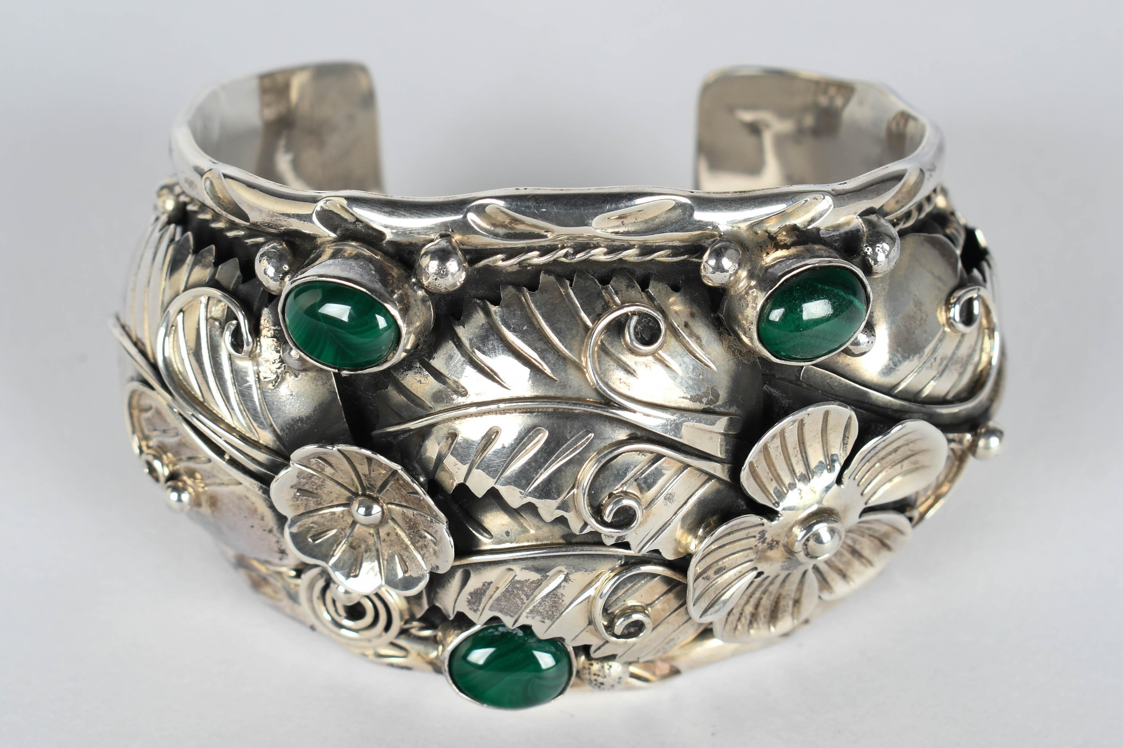 Taxco Mexico Sterling Silver Malachite Cuff Bracelet im Angebot 6