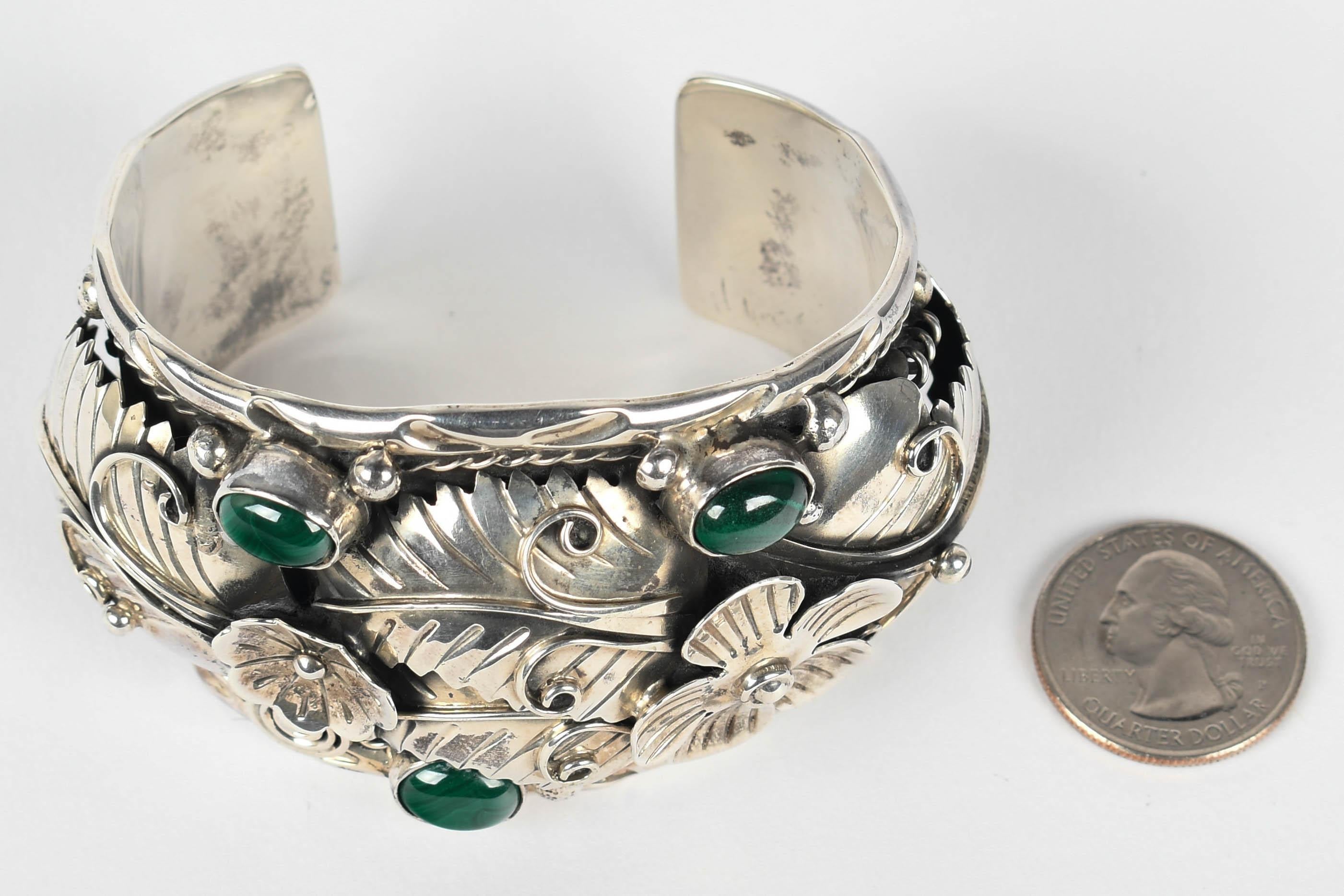 Taxco Mexico Sterling Silver Malachite Cuff Bracelet im Angebot 7