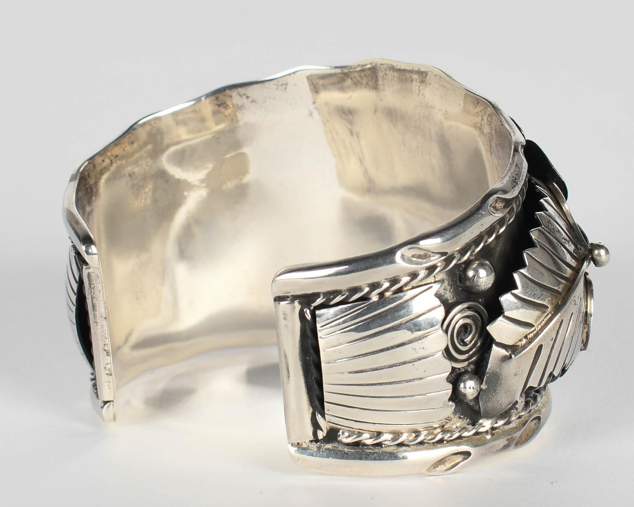 Taxco Mexico Sterling Silver Malachite Cuff Bracelet im Zustand „Gut“ im Angebot in Winter Park, FL