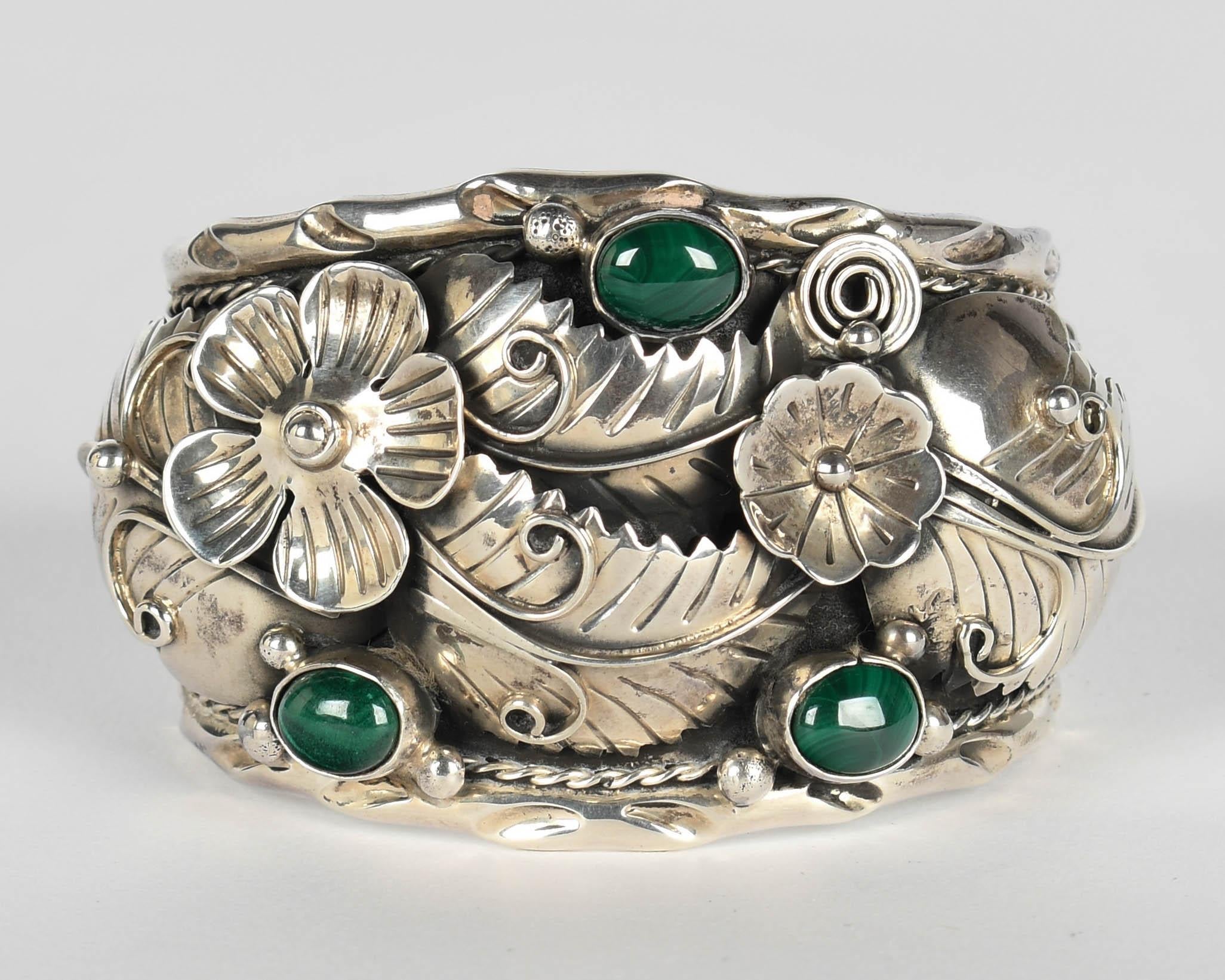 Taxco Mexico Sterling Silver Malachite Cuff Bracelet im Angebot 1