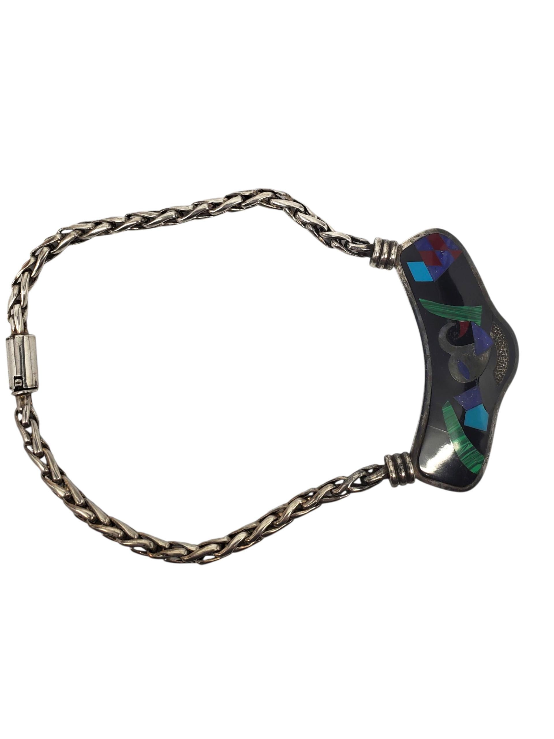 Taxco Mexico - Collana con intarsi multicolore in argento sterling #22585 In condizioni buone in vendita a Washington Depot, CT
