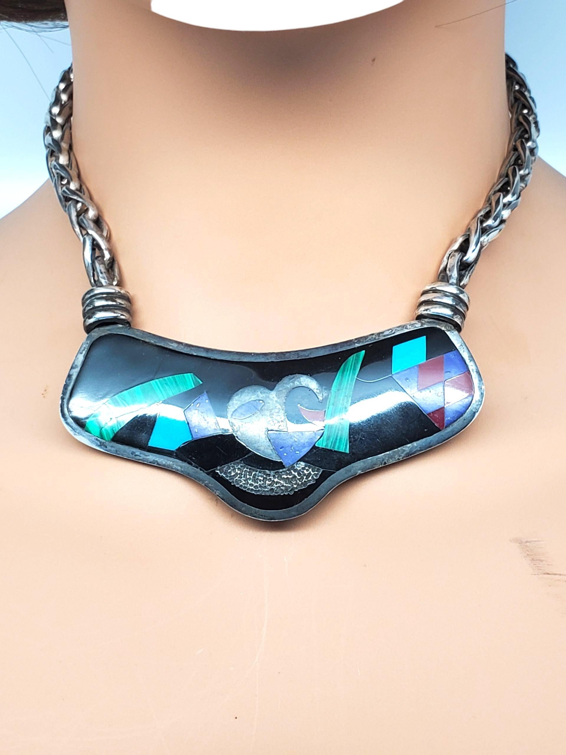 Taxco Mexico - Collana con intarsi multicolore in argento sterling #22585 in vendita 3