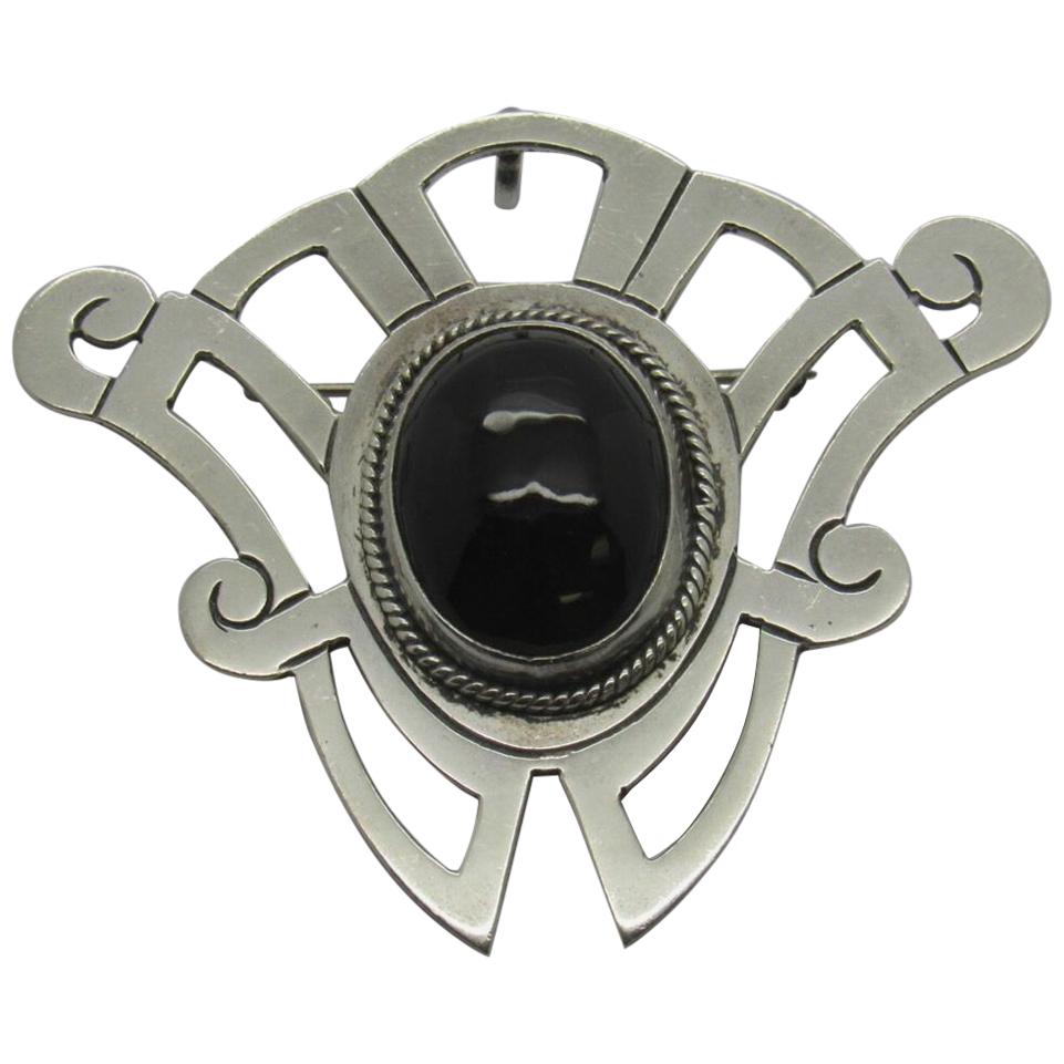 Taxco Mexico Sterling Silver Onyx Pendant / Pin
