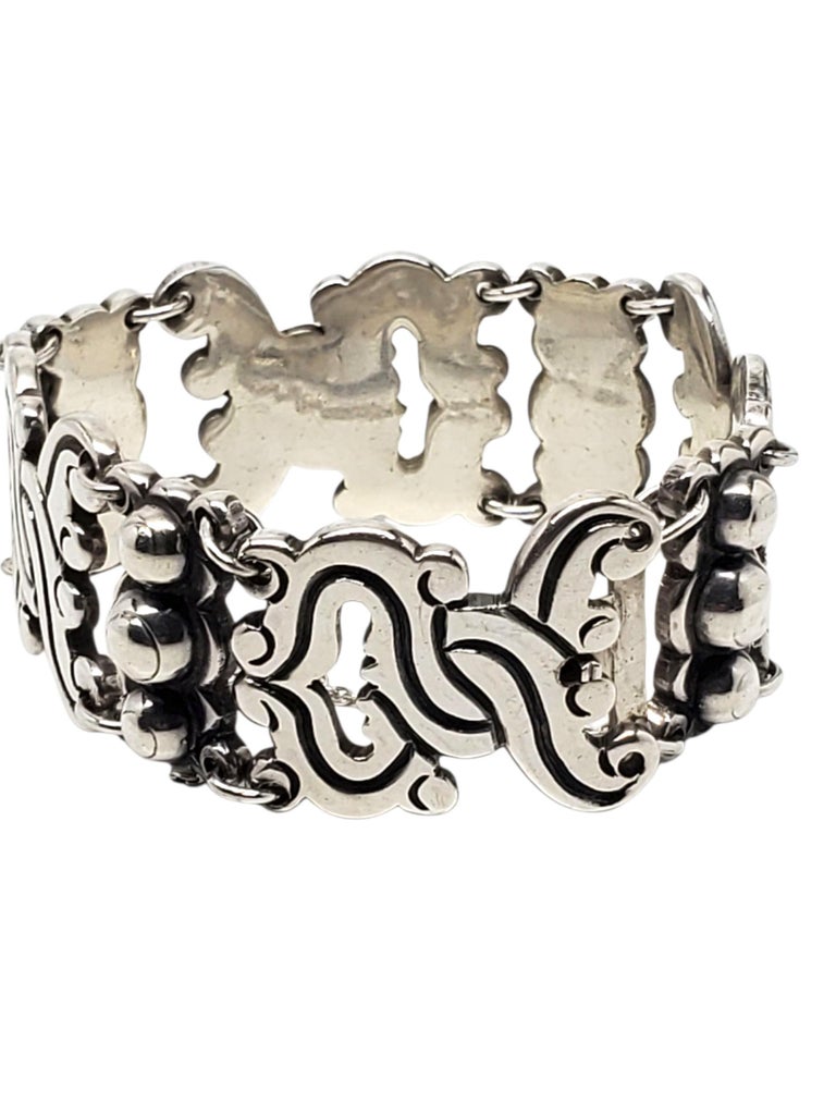 Taxco Mexico Sterling Silver Scroll Link Bracelet #22527 For Sale