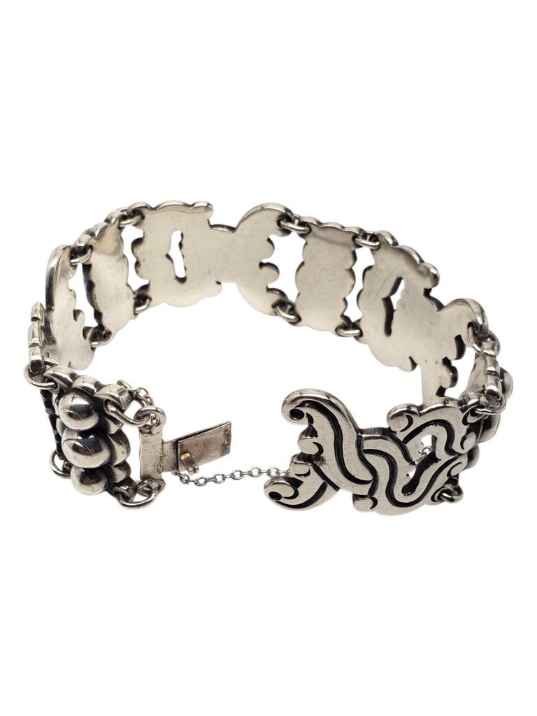 Taxco Mexico Sterling Silver Scroll Link Bracelet #22527 For Sale