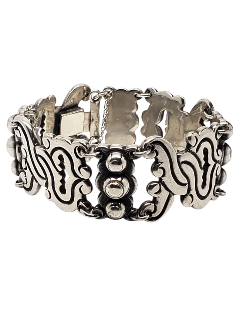 Taxco Mexico Sterling Silver Scroll Link Bracelet #22527 For Sale
