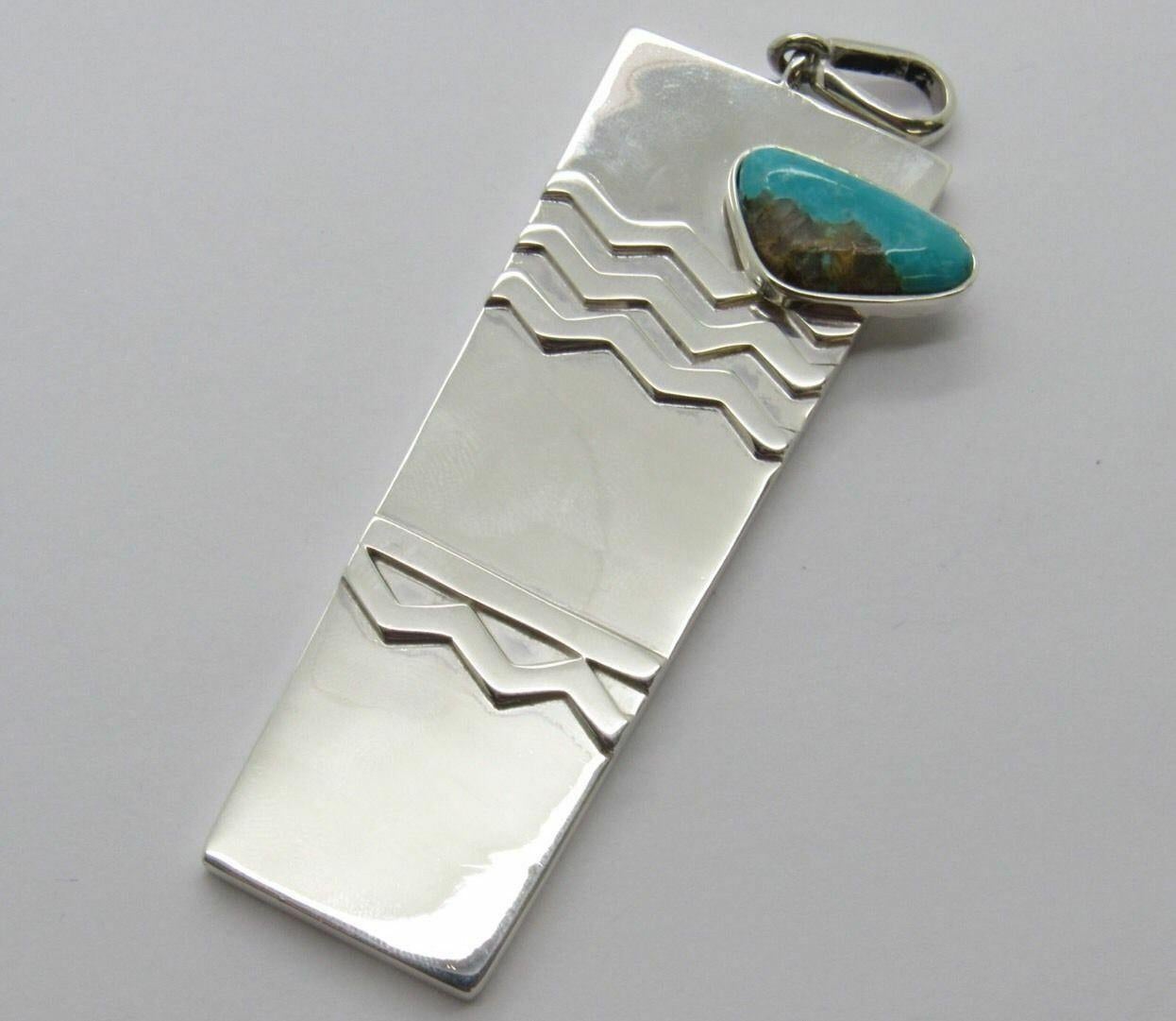 Taxco Mexico Sterling Silver Turquoise Textured Pendant For Sale 1