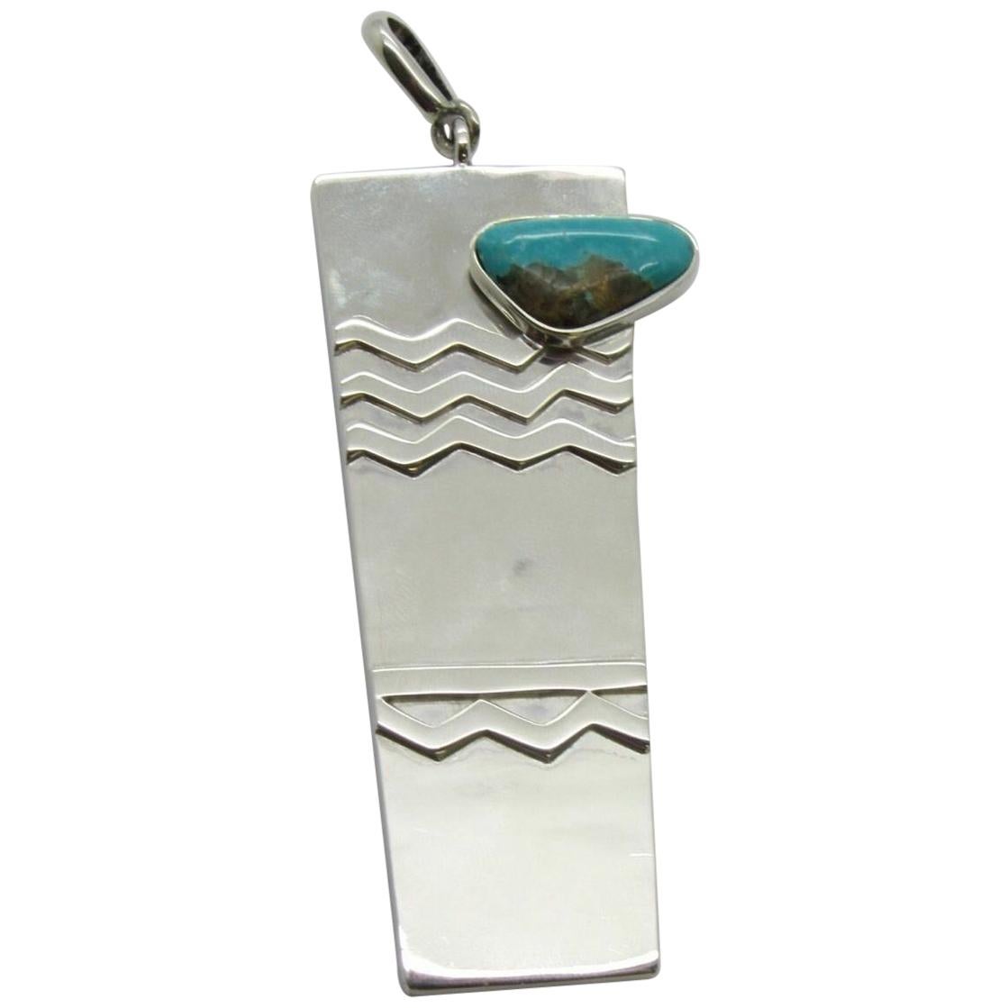 Taxco Mexico Sterling Silver Turquoise Textured Pendant
