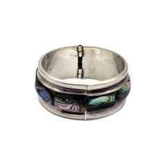 Taxco Mexico TA-164 Sterling Silver Abalone Wide Hinged Bangle Bracelet #13379