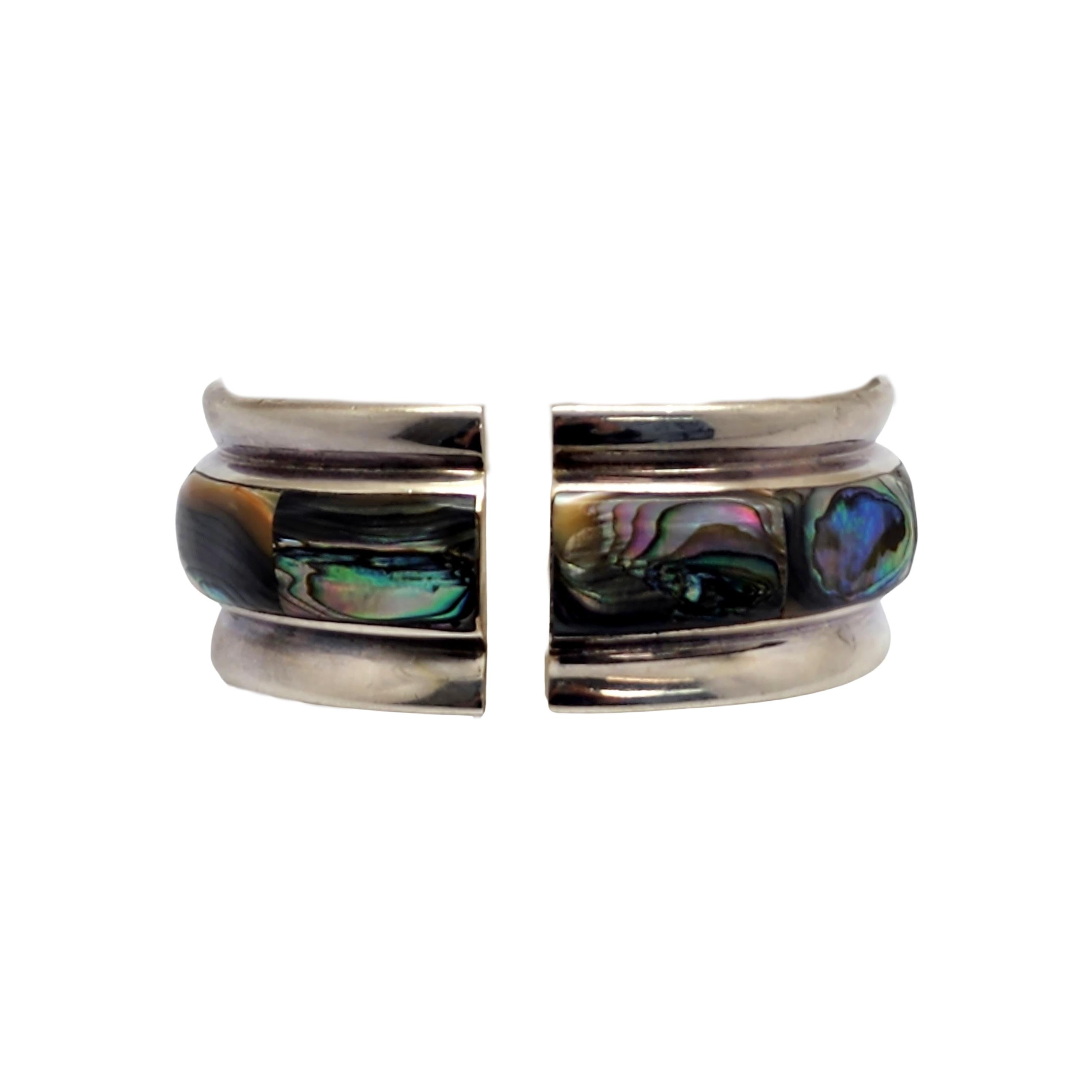 Women's Taxco Mexico TA-164 Sterling Silver Abalone Wide Hinged Bangle Bracelet #13379