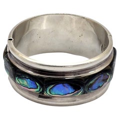 Vintage Taxco Mexico TA-164 Sterling Silver Abalone Wide Hinged Bangle Bracelet #13379