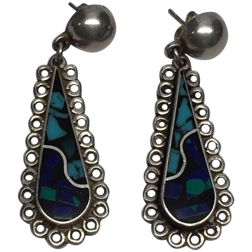 Taxco Mexico TJ-64 Sterling Silver Inlay Dangle Earrings For Sale