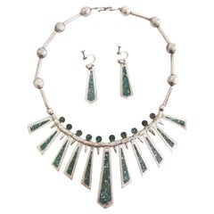 Taxco Collier et boucles d'oreilles mexicains vintage en argent incrusté de turquoises, estampillé