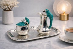 Taxco Parrot Creamer Sugar Spoon Set Mexican Silversmithing 1960s