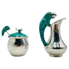 Taxco Parrot Creamer Sugar Spoon Set Mexican Silversmithing 1960s