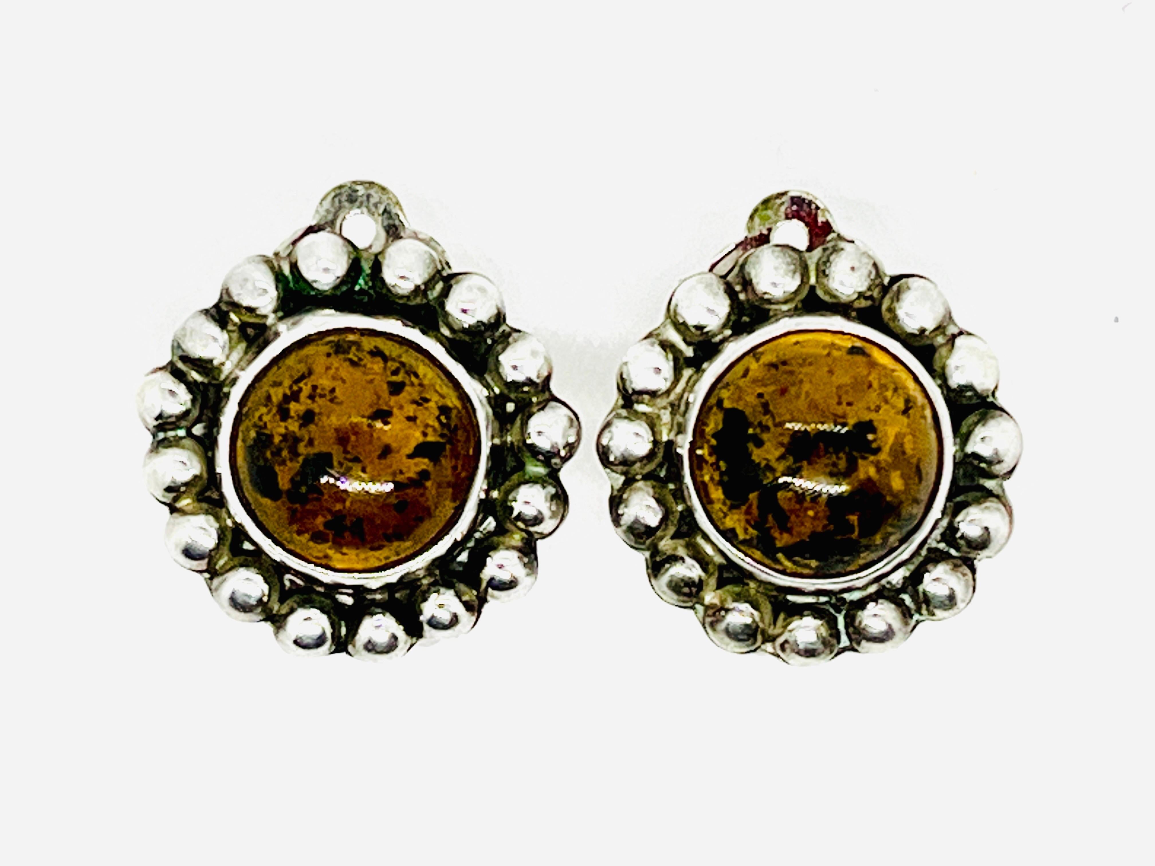 Taxco Silver, Chiapas Yellow Amber Cabochon Clip Earrings, Marked For Sale 5
