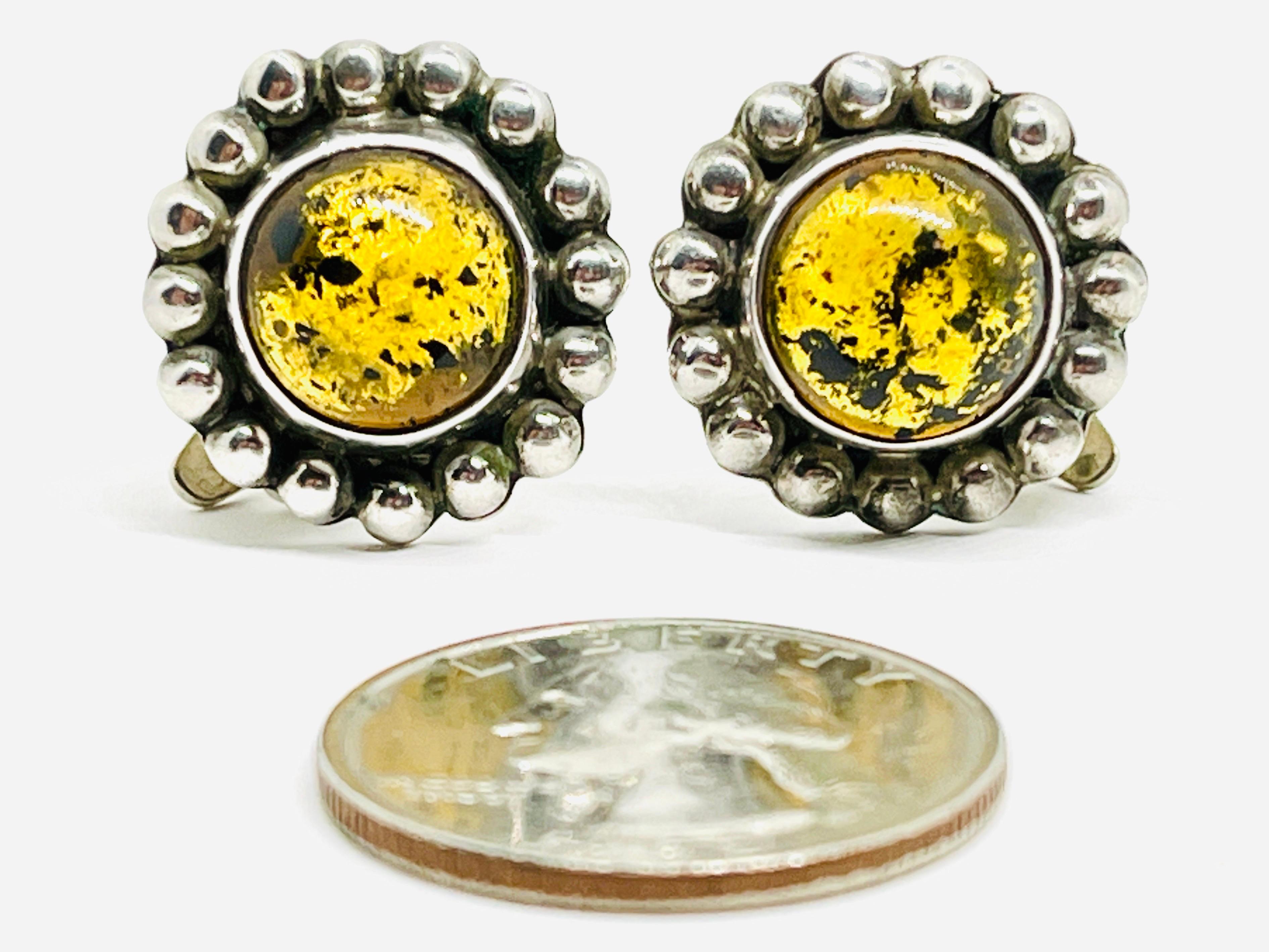 Artisan Taxco Silver, Chiapas Yellow Amber Cabochon Clip Earrings, Marked For Sale