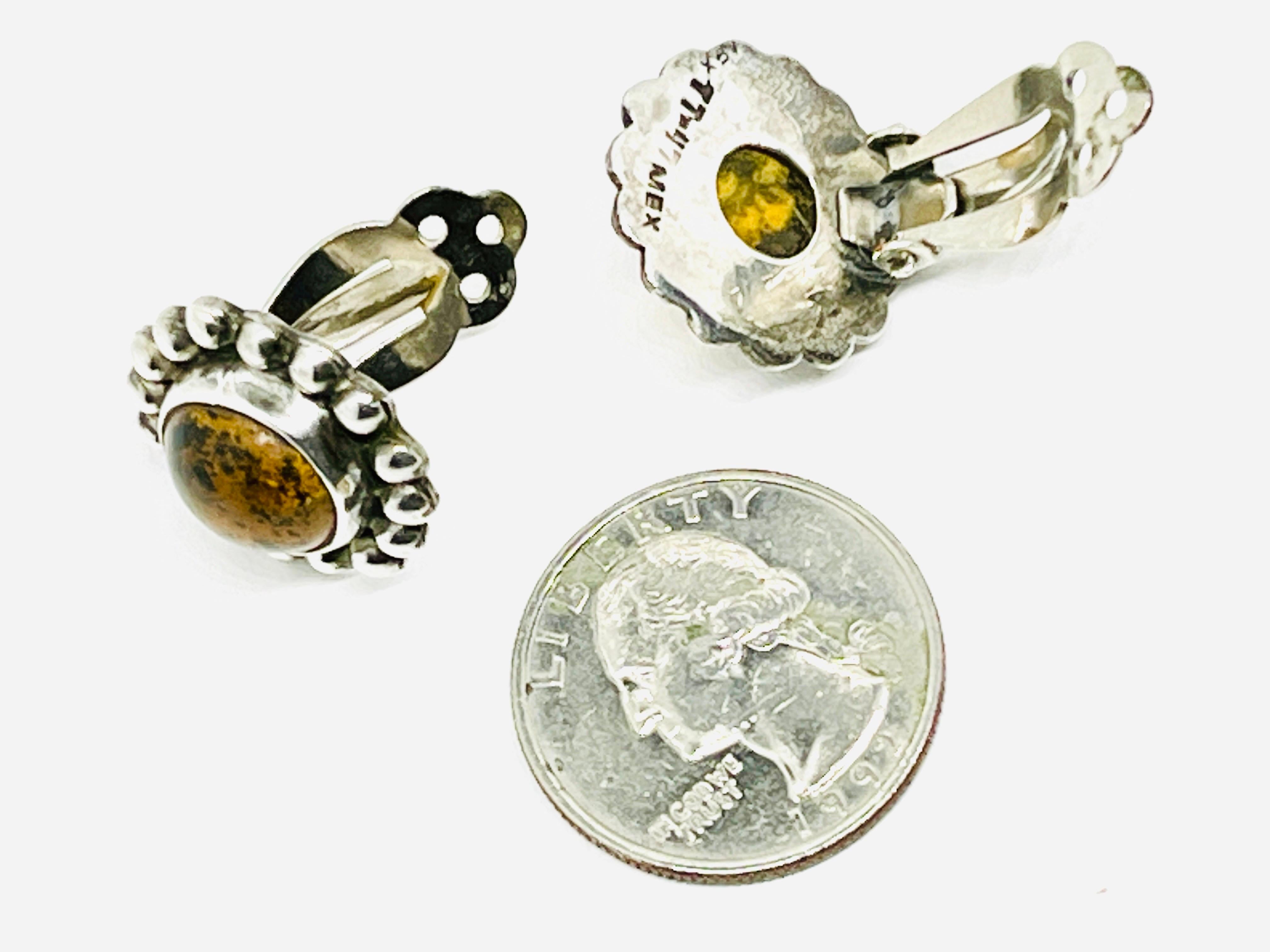 Taxco Silver, Chiapas Yellow Amber Cabochon Clip Earrings, Marked For Sale 1