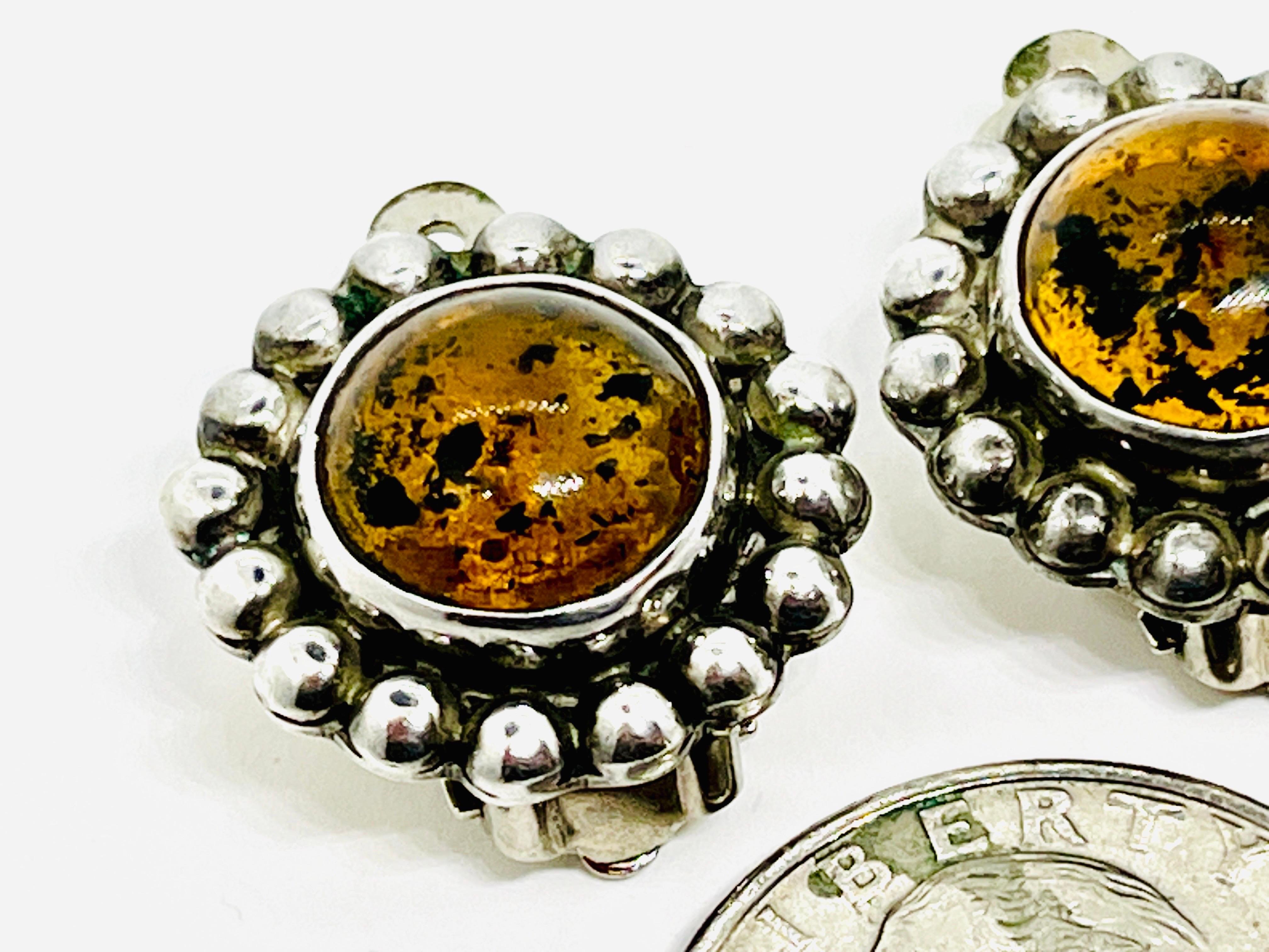 Taxco Silver, Chiapas Yellow Amber Cabochon Clip Earrings, Marked For Sale 3